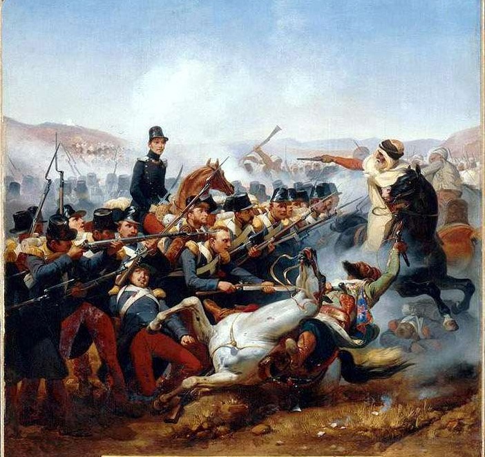 Den franske hæren, med kanoner og store styrker, og en algerier på hest med pistol