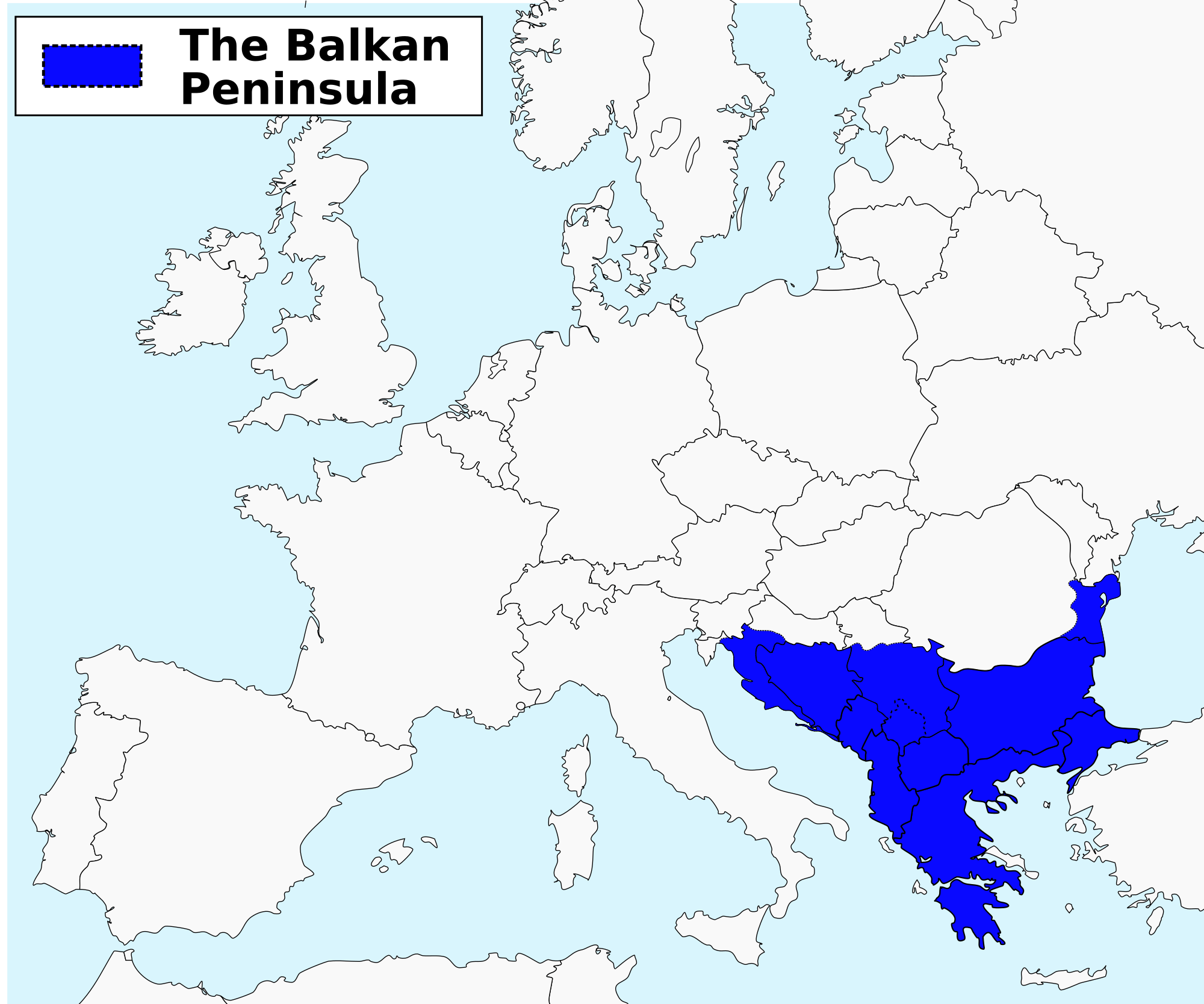 Kart over Europa, med Balkan markert i blått.