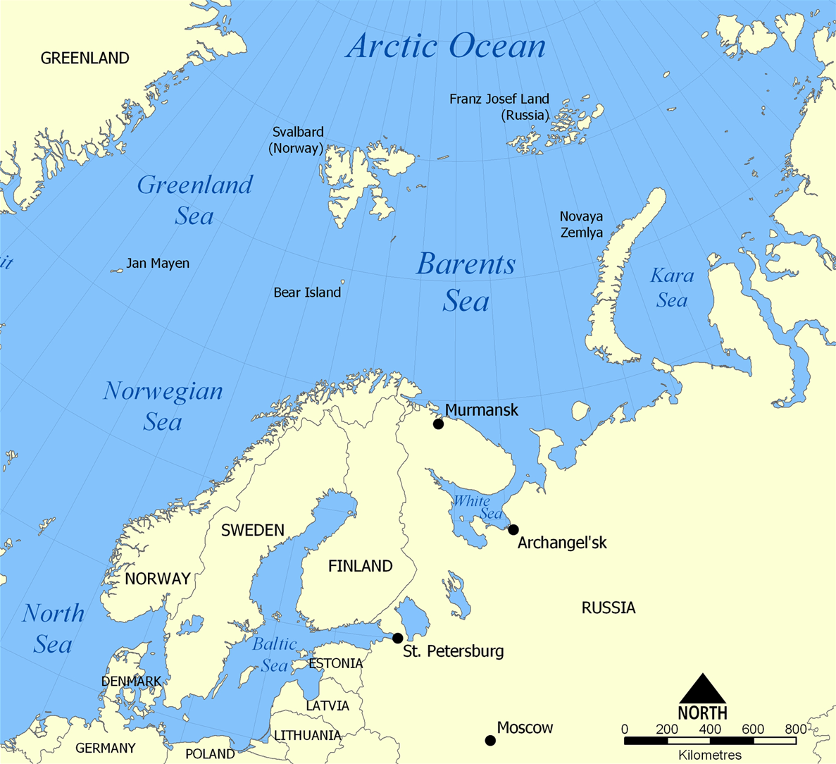 Kart sentrert over barentshavet, med norskehavet i vest og skagerrak i sør.