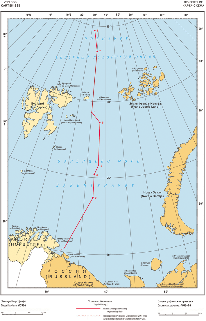 Kart over barentshavet med delelinjen mellom Norge og Russland markert