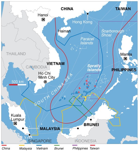 Kart over Sør-Kina-havet med de ulike konfliktene