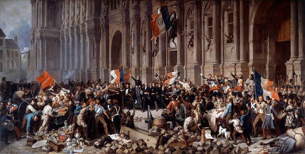 maleri av opprør under den franske revolusjonen. Folk bærer flagg