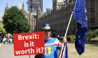Mann kledd i blått med EU flagg står foran det britiske parlamentet med en plakat hvor det står "Brexit: is it worth it?"