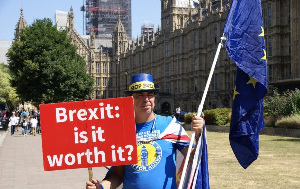 Mann kledd i blått med EU flagg står foran det britiske parlamentet med en plakat hvor det står "Brexit: is it worth it?"