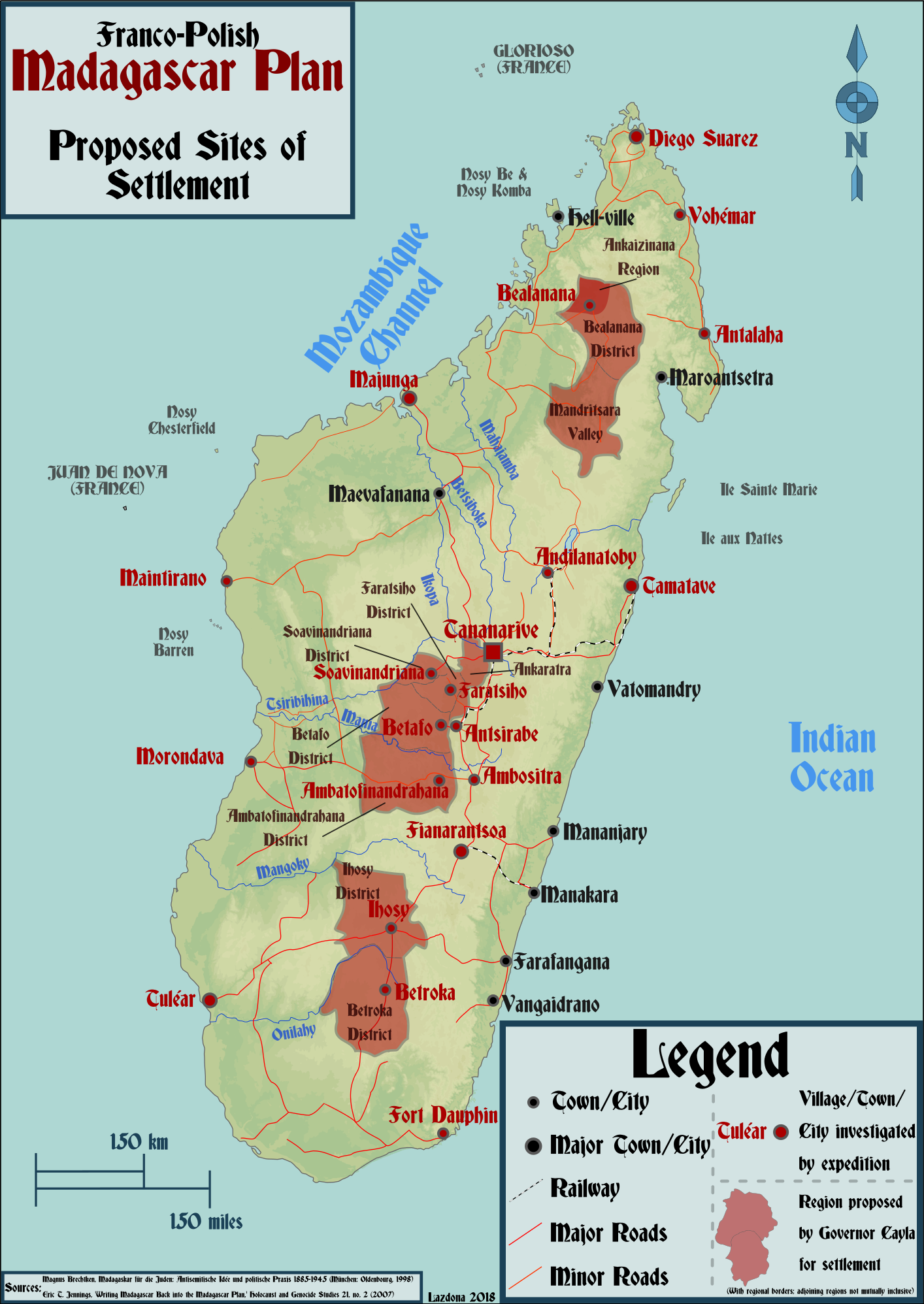 Kart over Madagaskar med områder hvor Polen og Frankrike ønsker å flytte de europeiske jødene. 