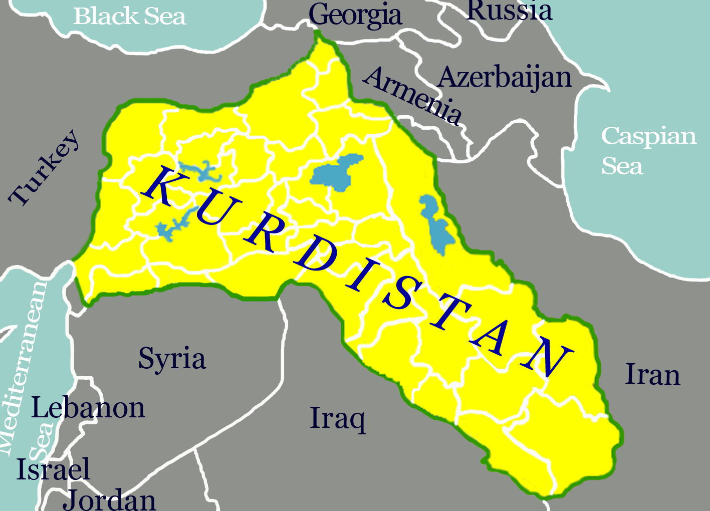 Kart over deler av Midtøsten med Kurdistan markert i gult.