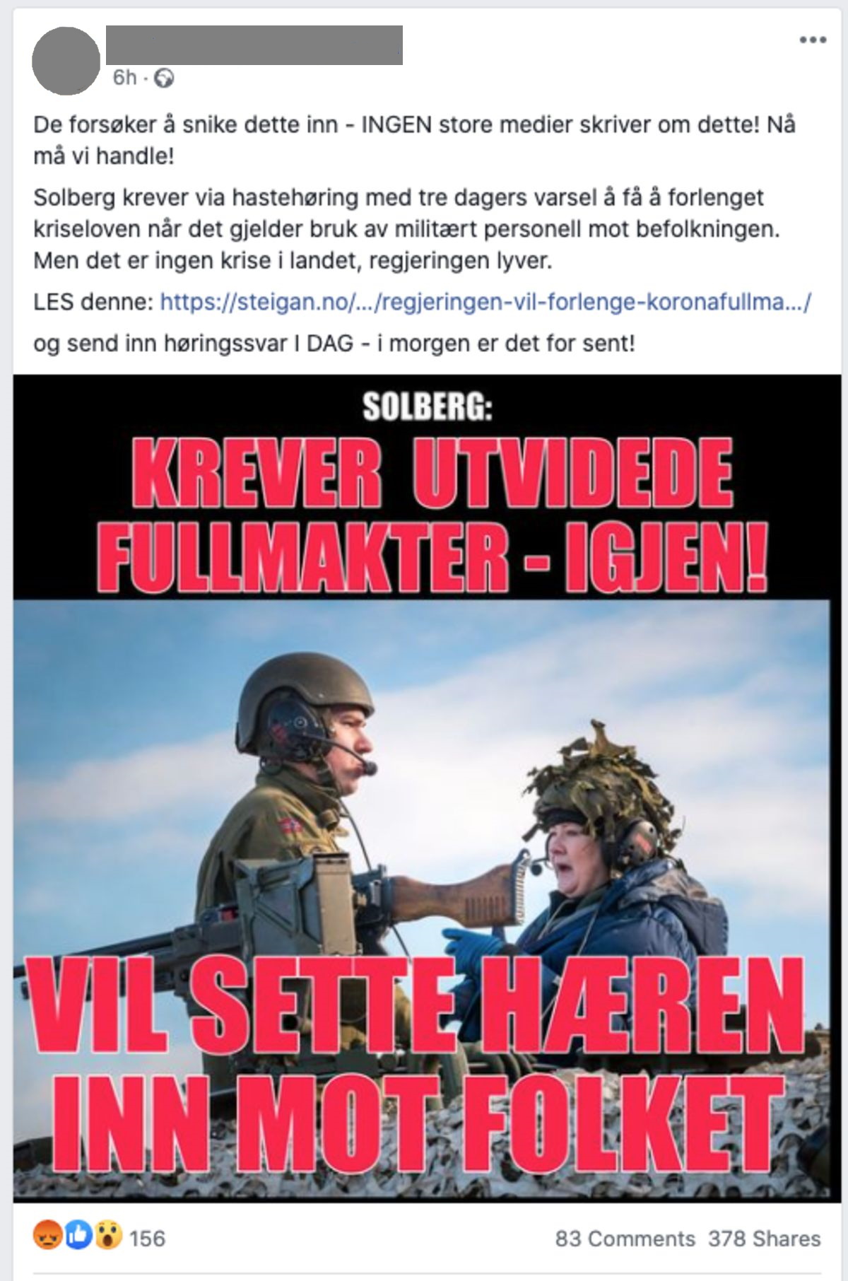 Falsk nyhet/desinformasjon som hevder at statsminister Erna Solberg vil sette Hæren inn mot befolkningen