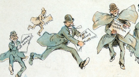 Illustrasjon/tegning, tre menn som løper med aviser, en av dem står det "fake news"