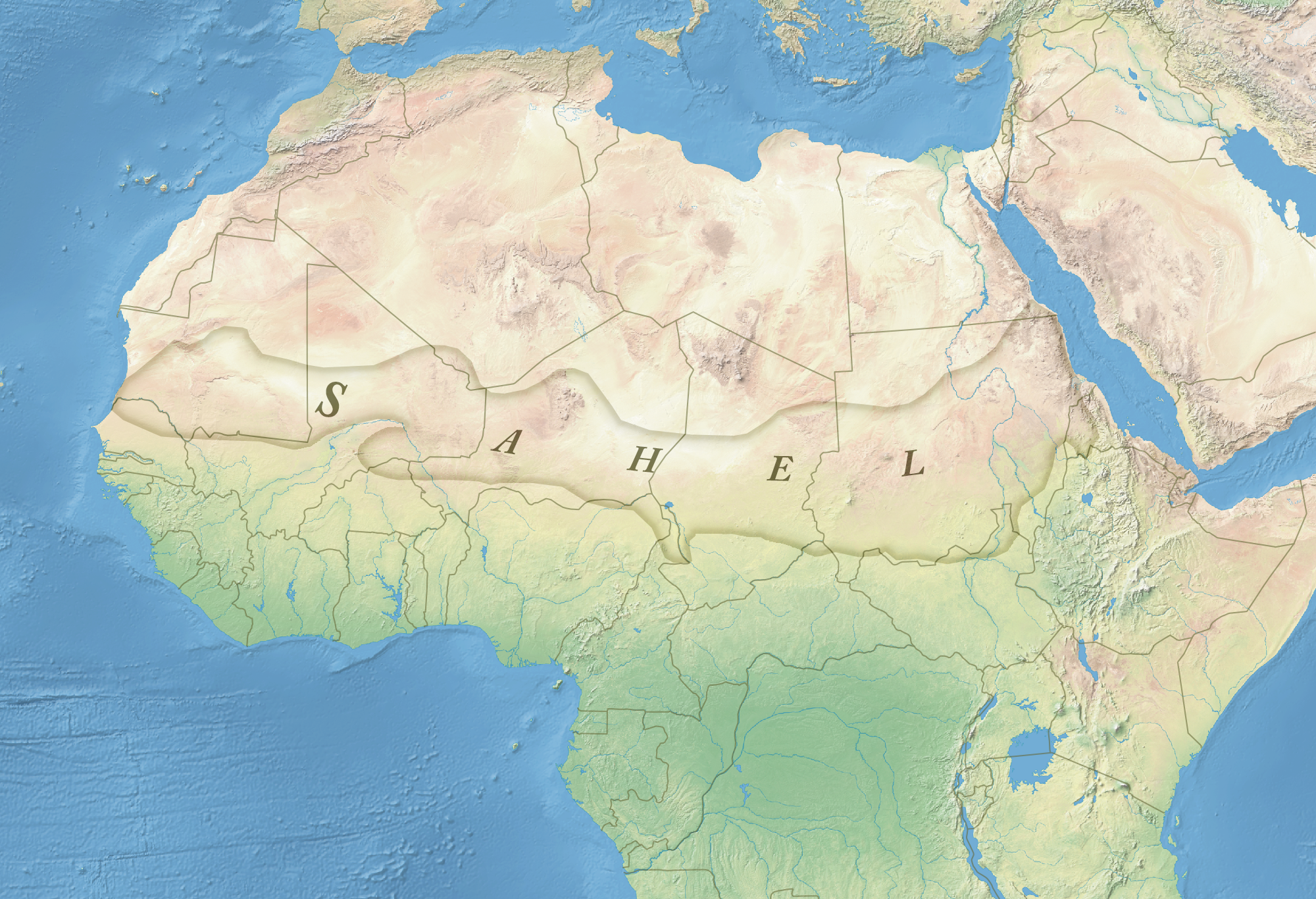 Kart som viser at Sahel regionen befinner seg i den nordlige delen av Afrika og går på tvers mellom øst og vest.