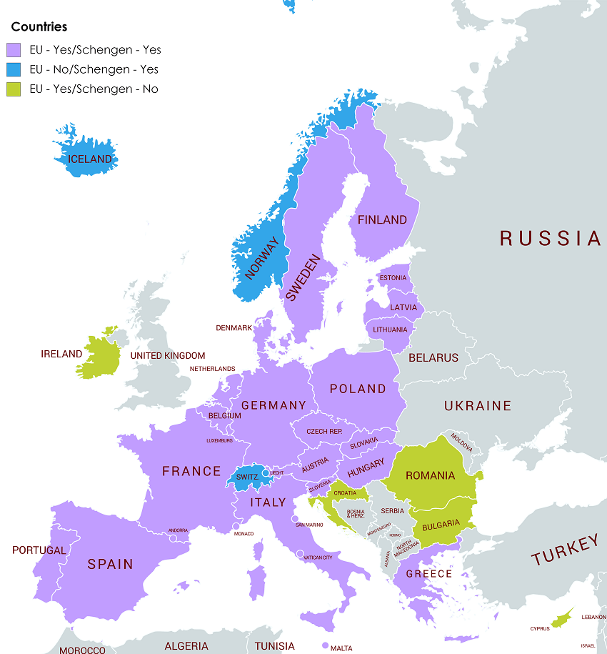 Kart over hvilke land som er medlem av Schengen,