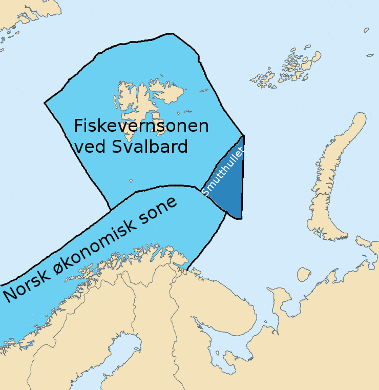 Kart over Fiskevernsonen ved Svalbard, Norsk økonomisk sone og Smutthullet.