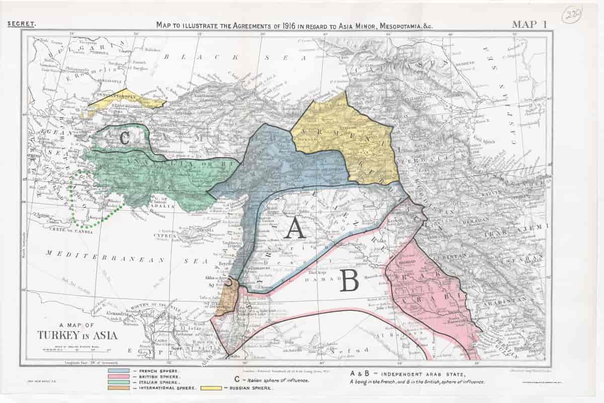 Kart som viser deler av Det osmanske riket, merket opp med ulike farger og soner.