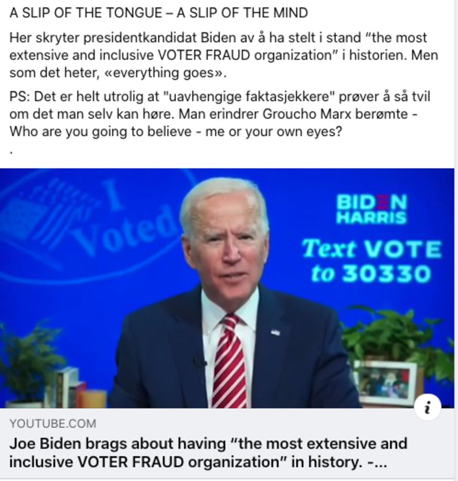 Skjermdump av en falsk nyhetsartikkel om at Joe Biden gjennomførte valgfusk
