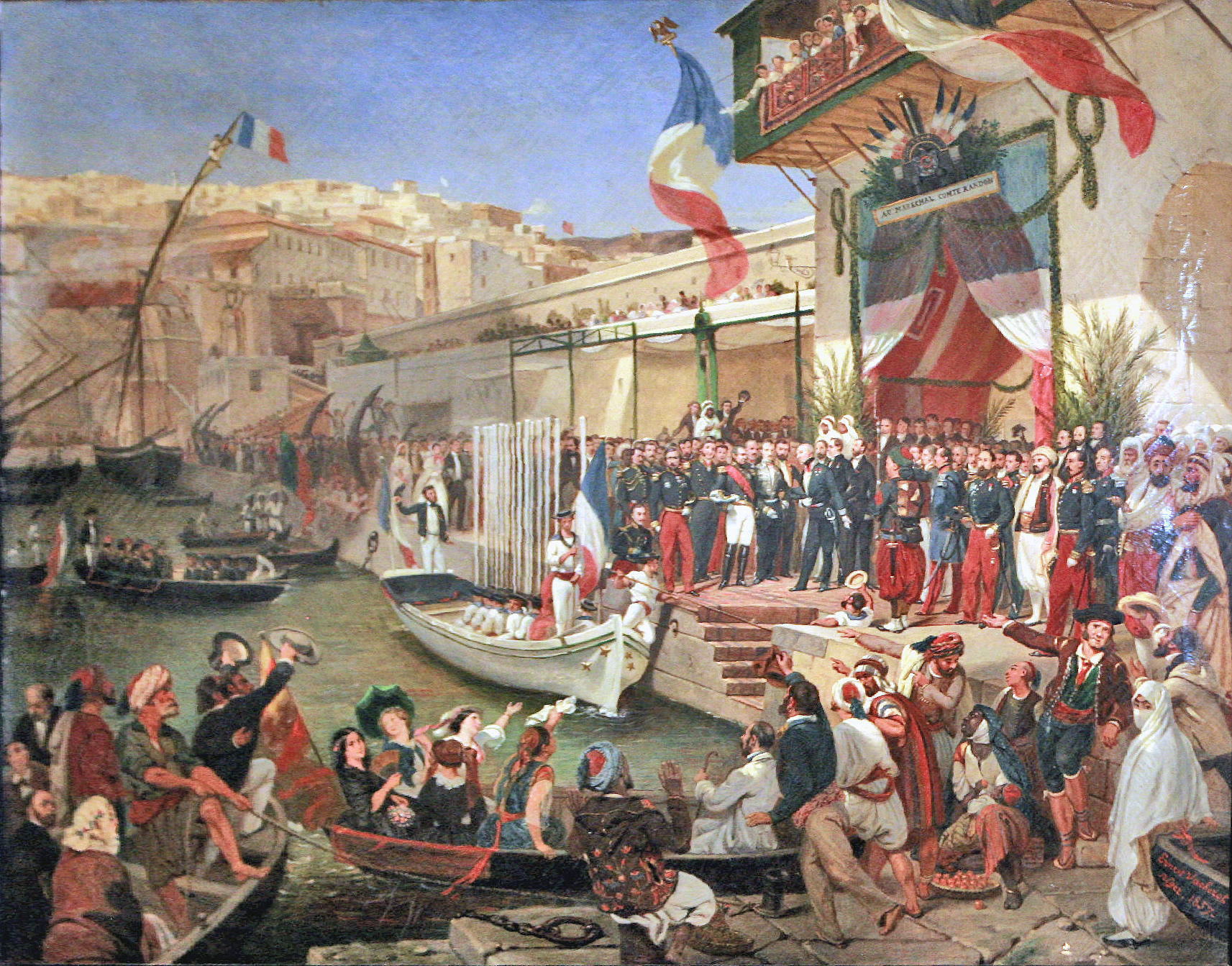 Maleri av en havn i Algerie, med franske flagg