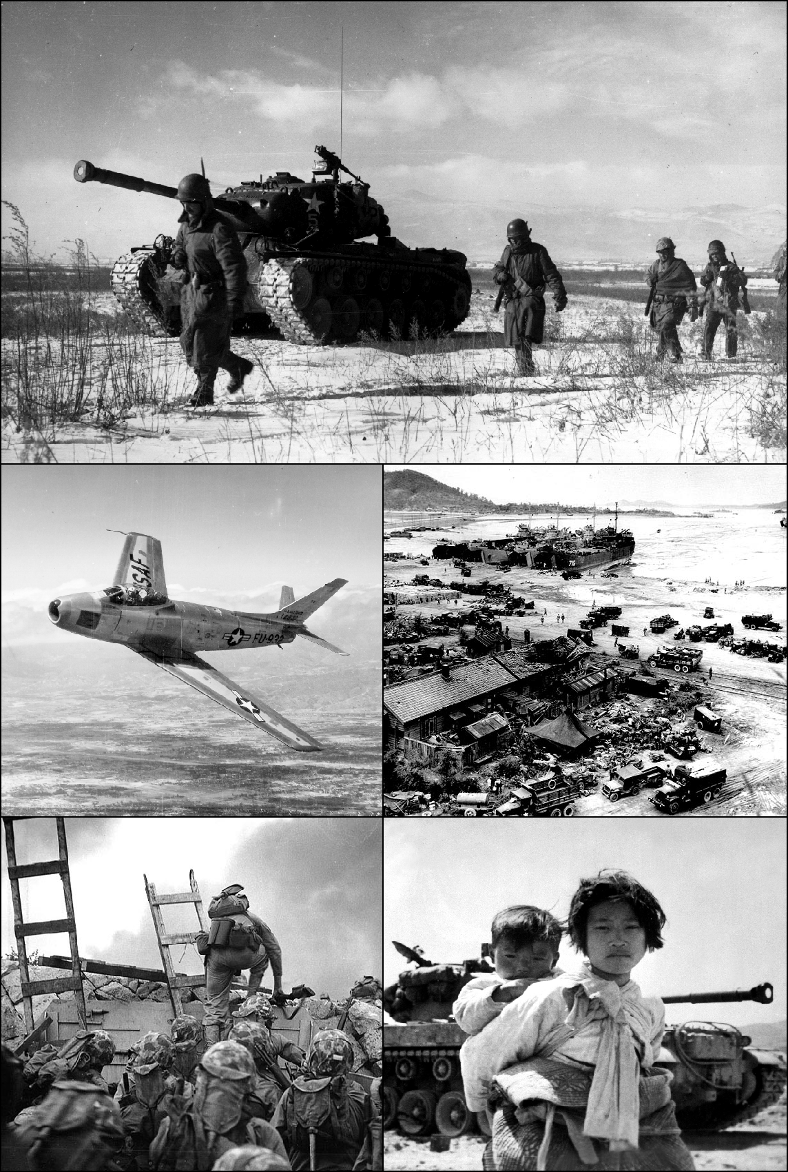 Sammensetting av fem bilder fra Korea-krigen. Øverst ser man et militær kjøretøy med fire soldater som går forbi. Neste bilde er at et fly i luften. Deretter ser man et oversiktsbilde av en flyktningleir. Så ser man amerikanske tropper i kamp. Det siste bilde er av en koreansk jente, som bærer et lite barn på ryggen.