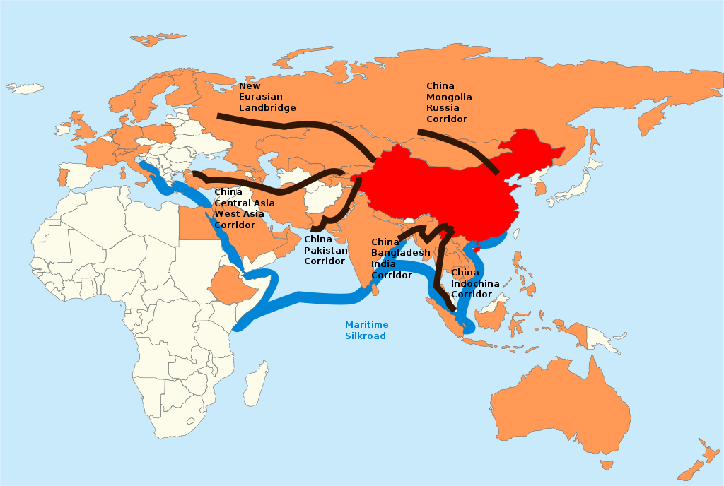 Kart over verden med linjer over den kinesiske belte- og vei