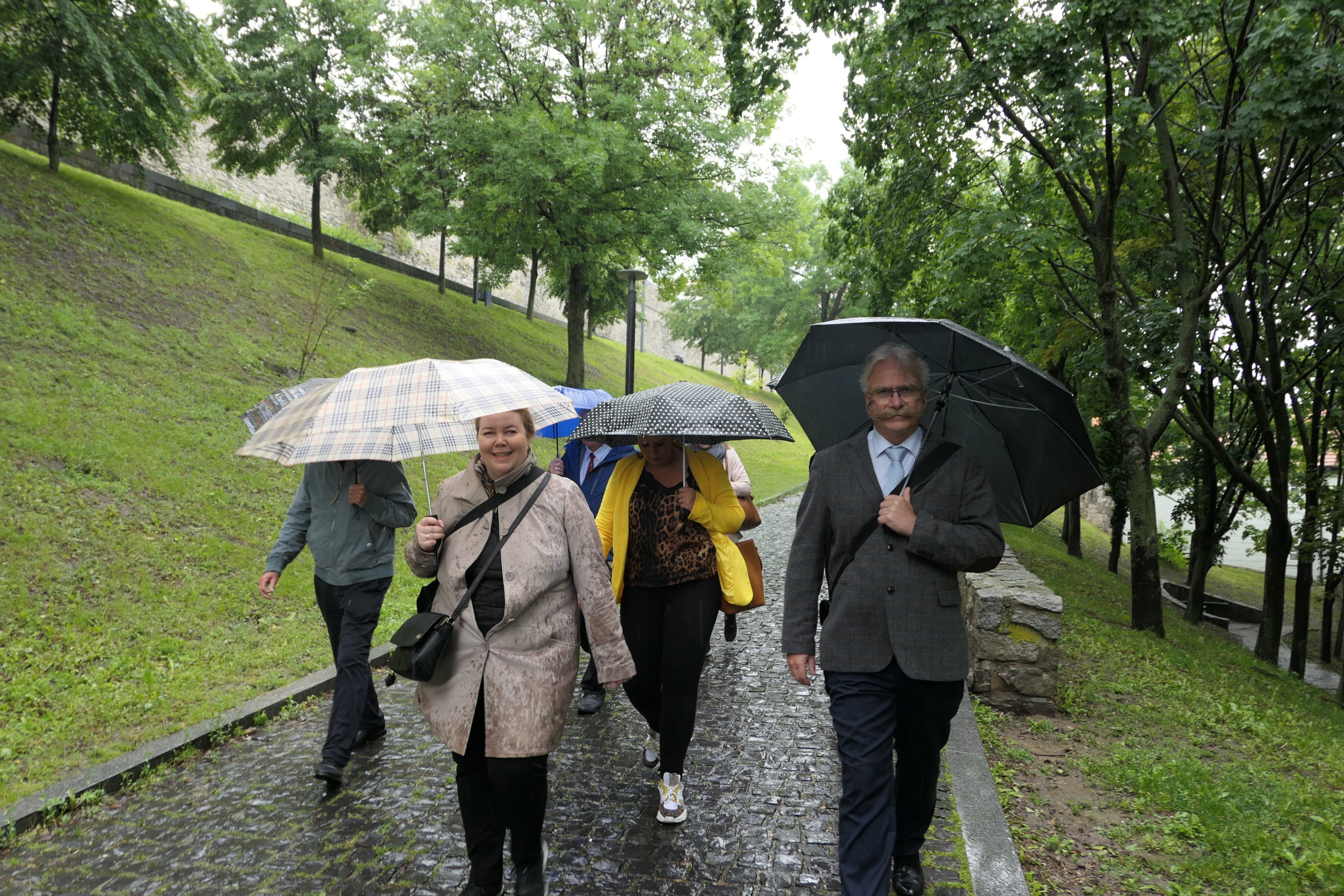 Mennesker går tur i regnet med paraplyer.