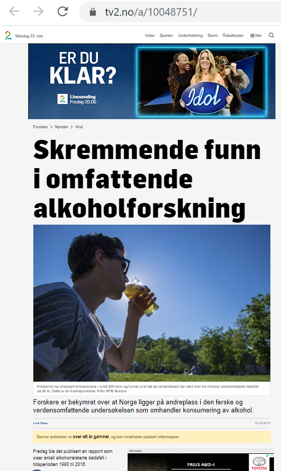 Skjermdump fra TV2.no med overskriften Skremmende funn i omfattende alkoholforskning