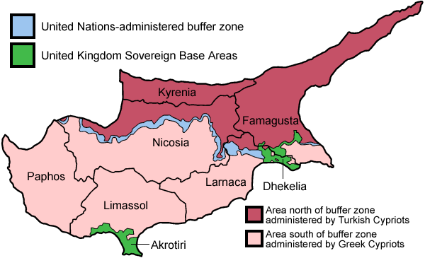 Kart over Kypros som viser hvilke deler som er tyrkisk-kypriotiske og gresk-kypriotiske, samt delelinjen og britiske baser.
