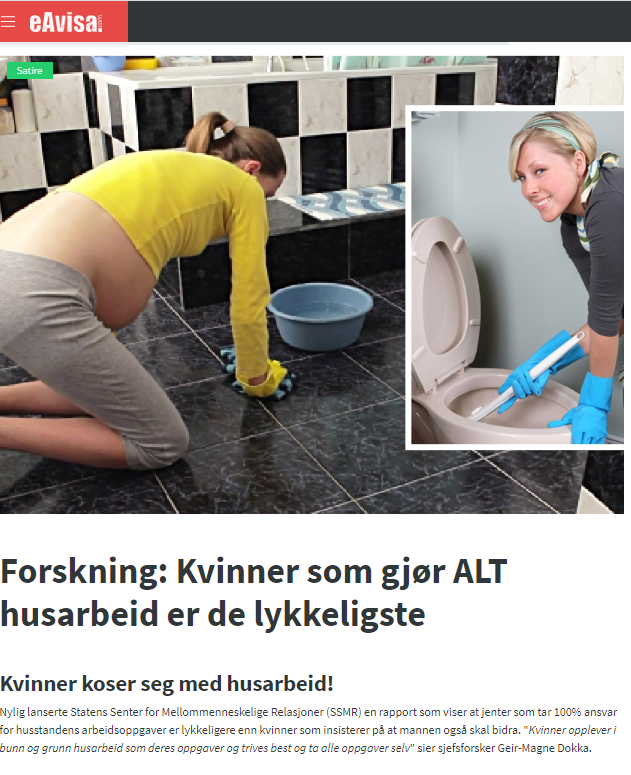 Skjermdump av nyhetssak med overskriften Forskning: Kvinner som gjør ALT husarbeid er de lykkeligste