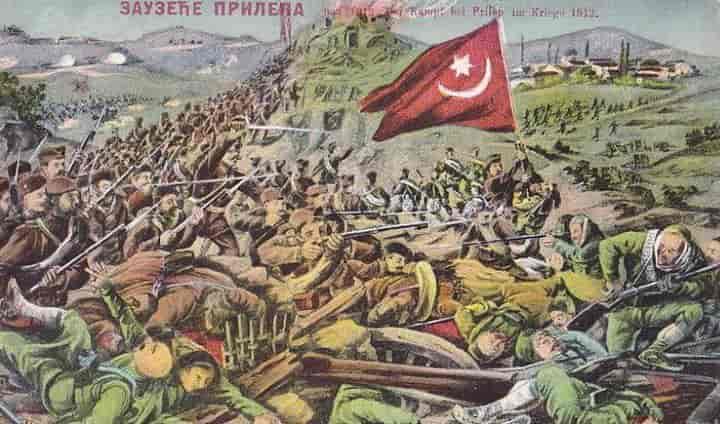 Maleri av et slag der det tyrkiske flagget er synlig