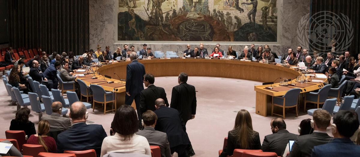 Landenes representanter sitter rundt det sirkulære bordet til FNs Sikkerhetsråd.