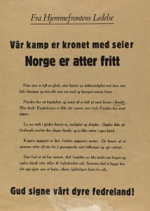 Skriv fra Hjemmefrontens ledelse med overskriften "Vår kamp er kronet med seier. Norge er atter fritt".