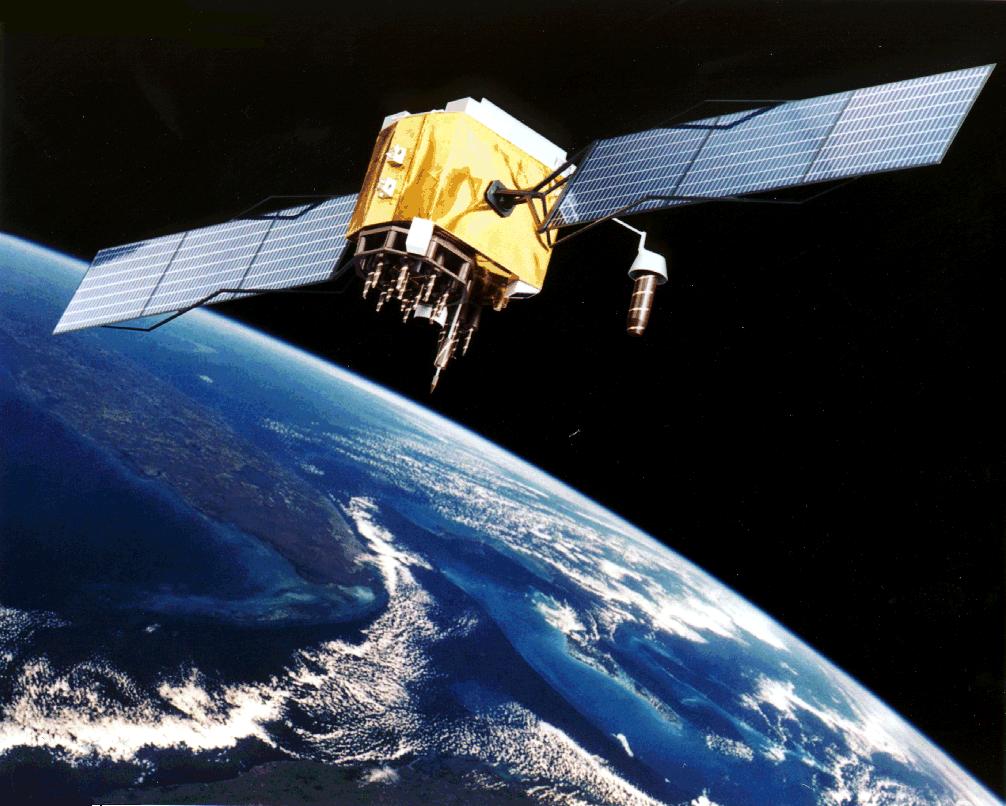Illustrasjon av en satellitt som flyr over jorda.