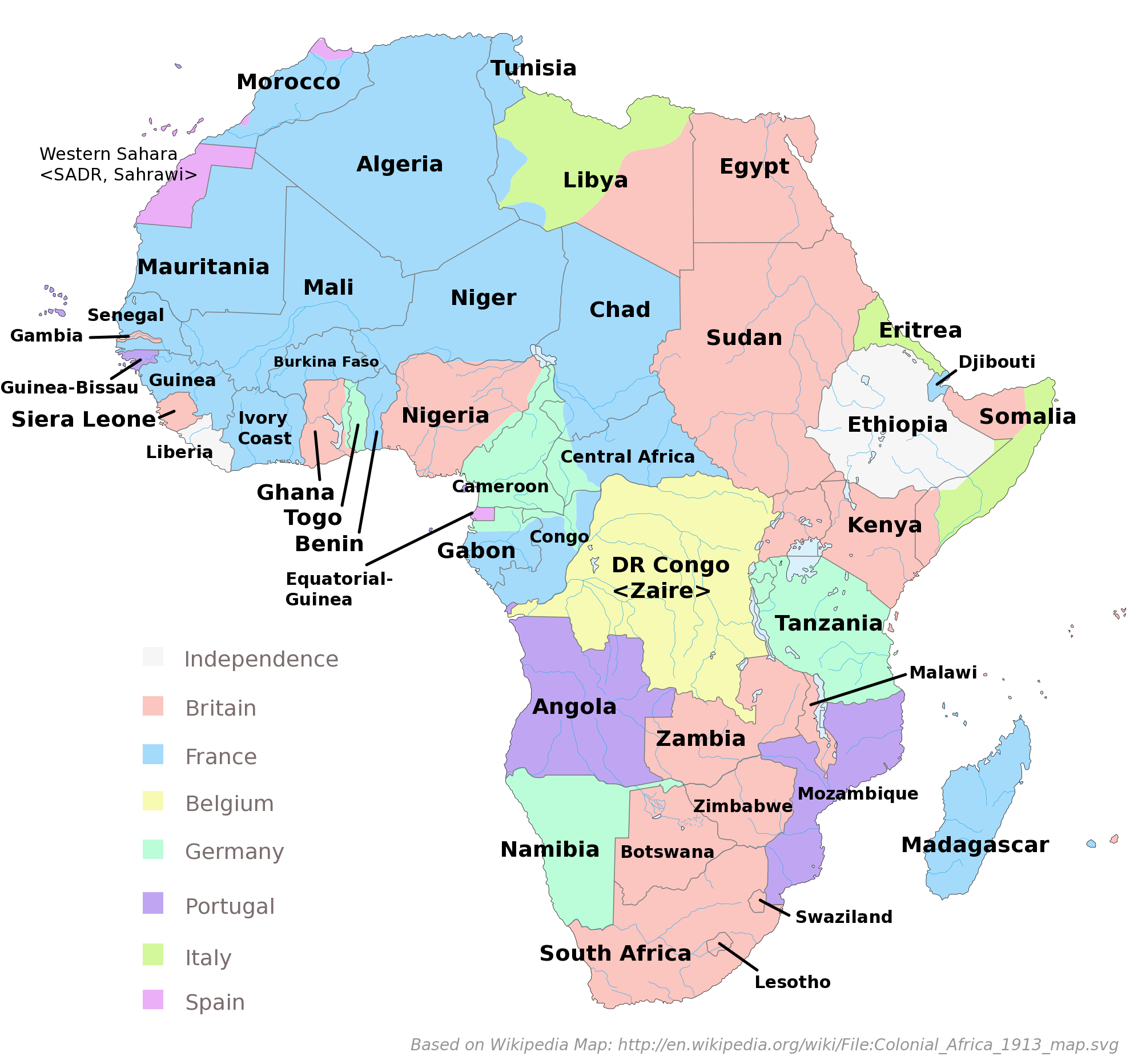 Kart over Afrika med nåværende landenavn der det er markert hvilken kolonimakt som kontrollerte hva.