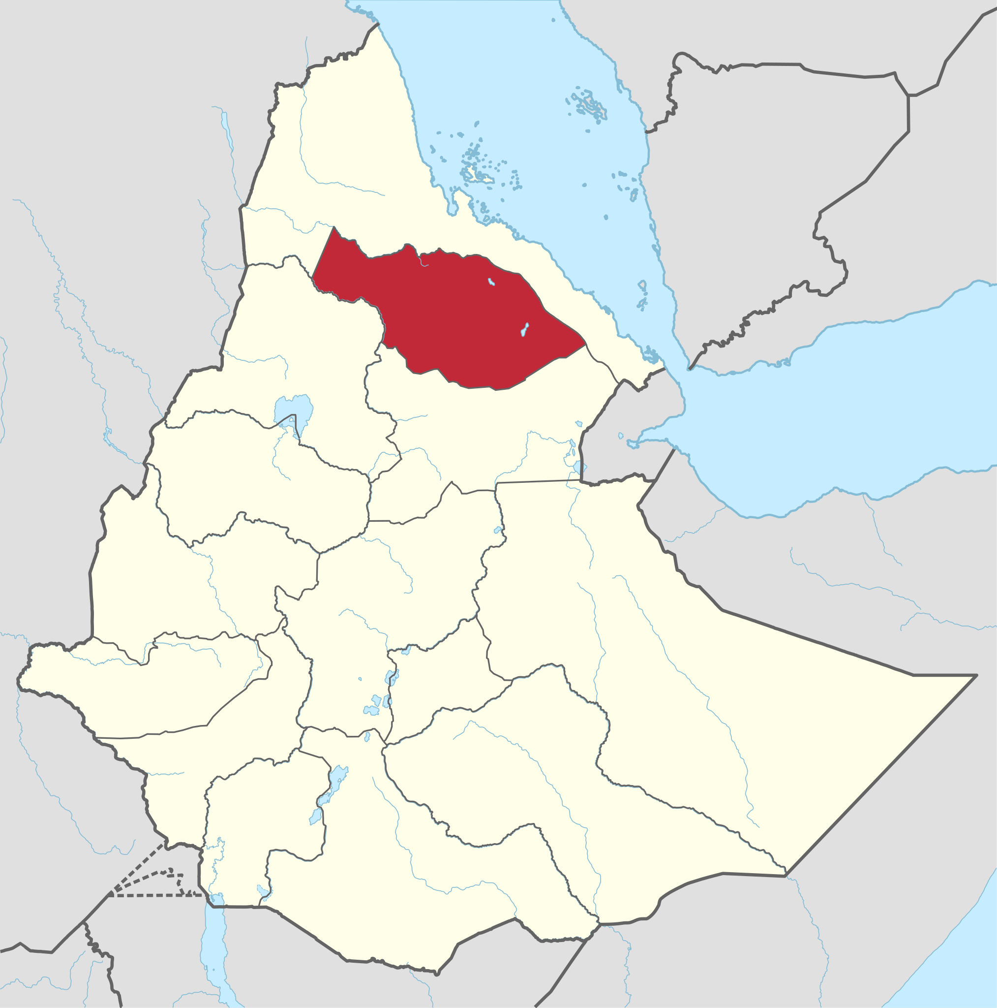 Kart over Etiopia der man ser Tigray markert i rødt- Regionen ligger nord i landet uten havtilgang.