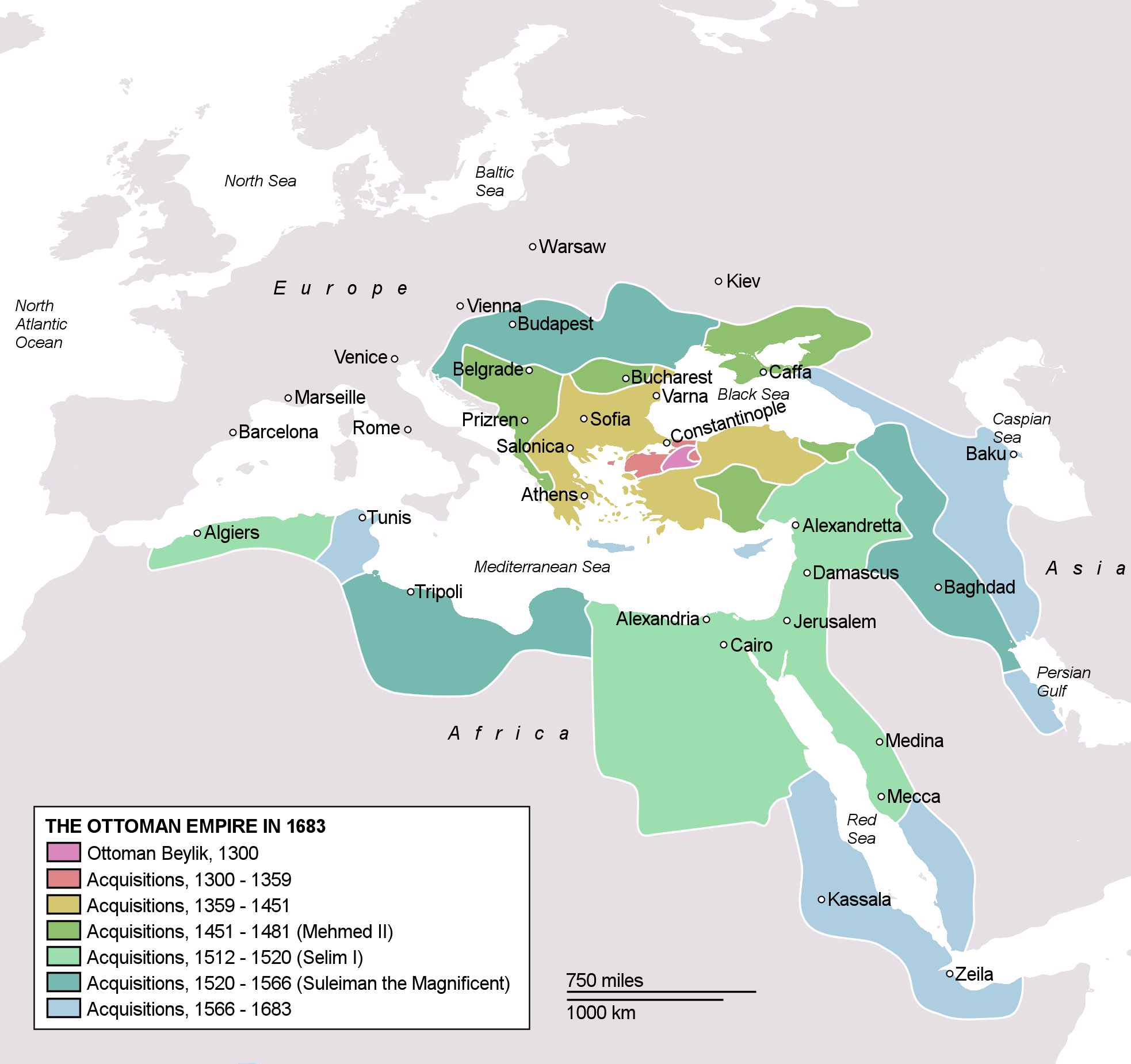 Et kart over Det osmanske riket gjennom årene