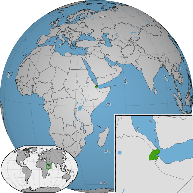 Kart over vestlige Indo-Stillehavet. Flere land har militærbaser i Djibouti (i grønn). Blant annet USA og Kina. Foto: Sanjay Rao / Wikimedia Commons (Public domain).
